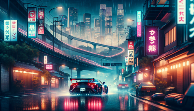 Ilustrasi mobil balap melaju di kota Jepang futuristik penuh neon dengan jalan basah dan pegunungan di kejauhan.