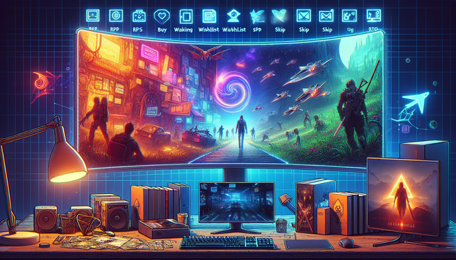 Ilustrasi gamer memilih game baru April 2026 di depan monitor dengan berbagai genre di layar.