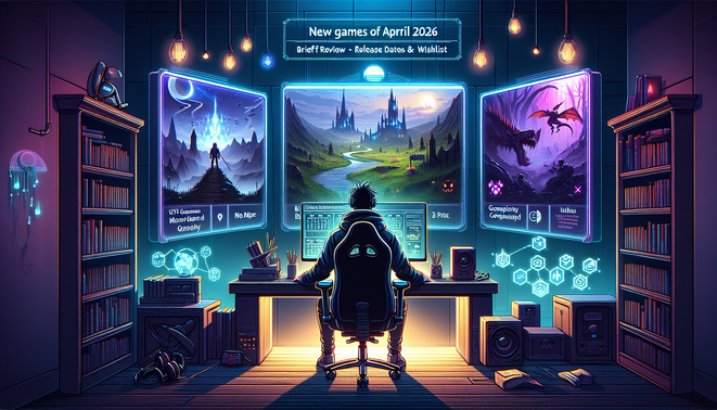 Ilustrasi gamer di depan beberapa layar menampilkan game RPG, horor, dan e-sports dalam suasana ruang gaming modern.