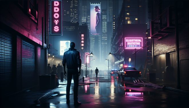 Ilustrasi pria di gang kota hujan dengan lampu neon, mobil polisi jauh, suasana crime game neo-noir kelam.