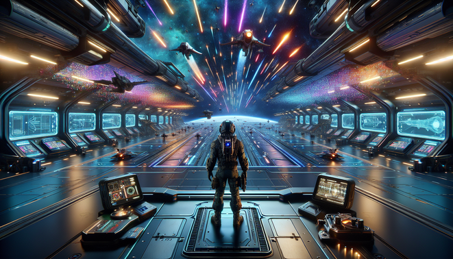 Ilustrasi pilot luar angkasa menghadapi hujan peluru neon di arena pertempuran kosmik futuristik.