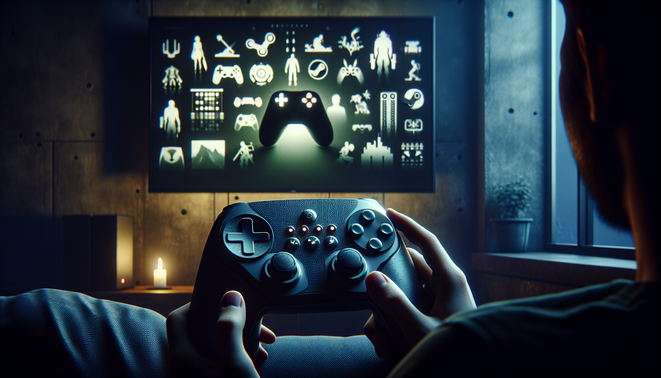 Gamer di sofa memakai controller PC futuristik dengan dual touchpad bermain berbagai genre di layar besar.