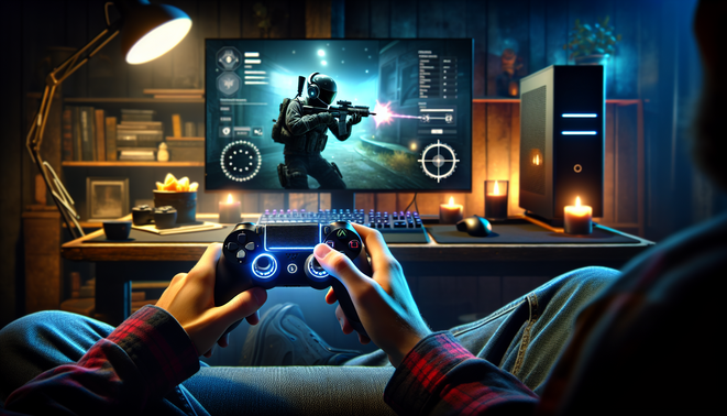 Gamer di sofa memegang controller futuristik dengan trackpad dan gyro, bermain game FPS di monitor PC besar.
