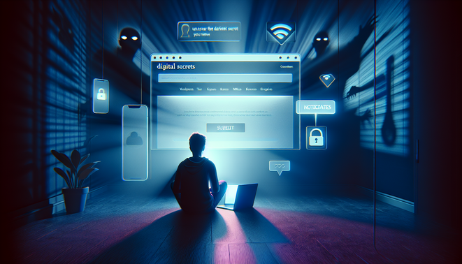 Remaja menatap situs misterius di layar, dikelilingi bayangan mata digital dan notifikasi mengancam.